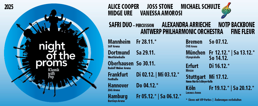 Night of the Proms 2025 mit Starbesetzung – Alice Cooper – Joss Stone – Michael Schulte – Midge Ure – Safri Duo und Vanessa Amorosi